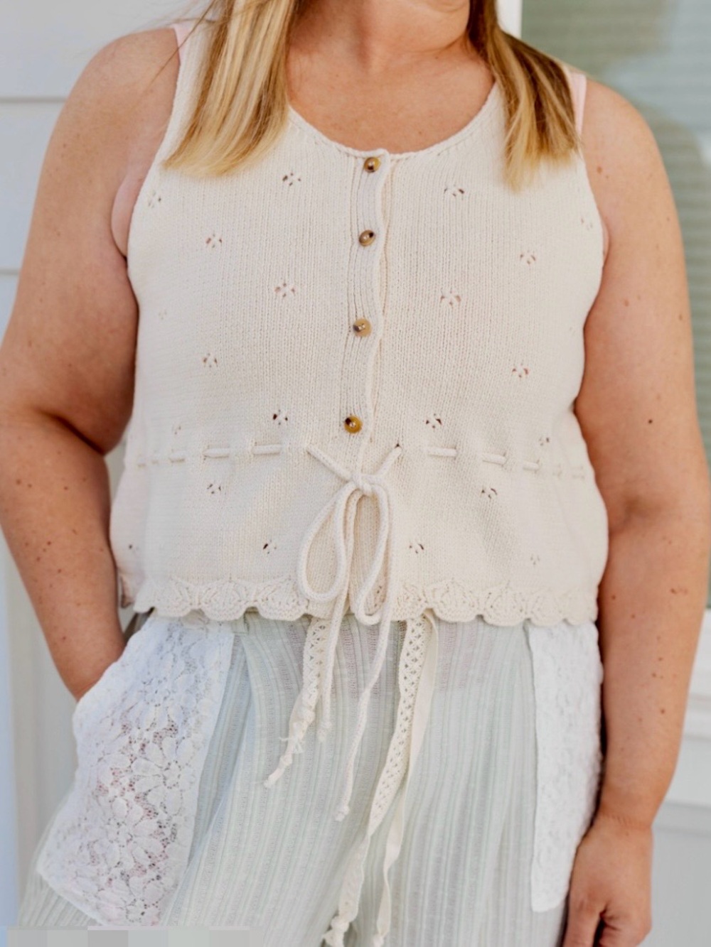 Miou Muse Cream Knit Button-Front Camisole